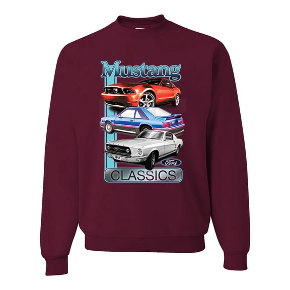 Wild Bobby, Mustang Ford Classics Cars and Trucks Unisex Crewneck Graphic Sweatshirt, Maroon, Large