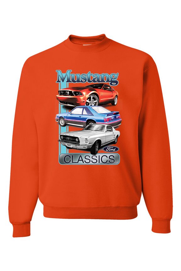 , Mustang Ford Classics Cars and Trucks Unisex Crewneck Graphic Sweatshirt, Orange, Small