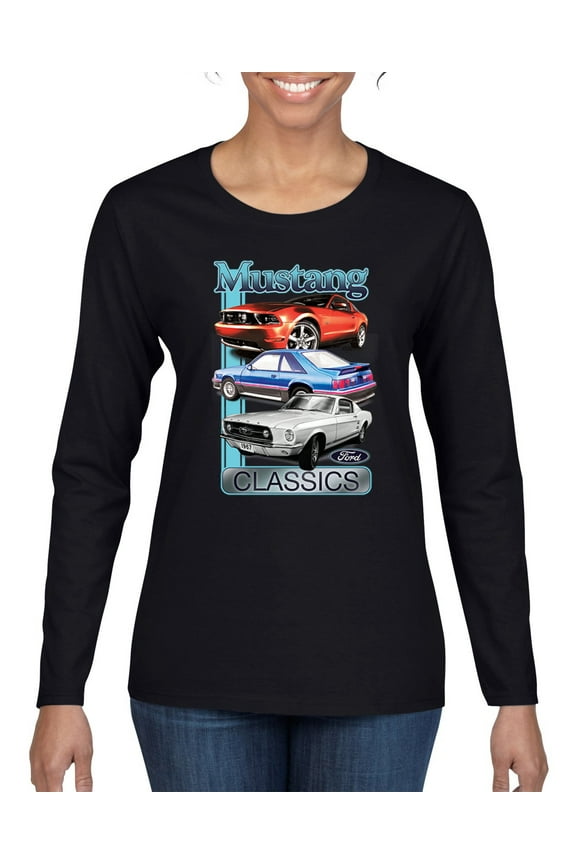 Mustang Ford Classics Cars and Trucks Women Graphic Long Sleeve Tee, Black, Small