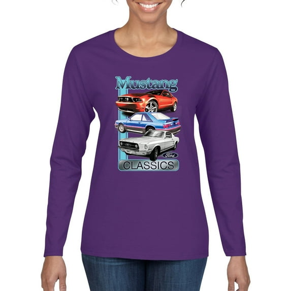 Wild Bobby Mustang Ford Classics Cars and Trucks Women Graphic Long Sleeve Tee, Purple, Small