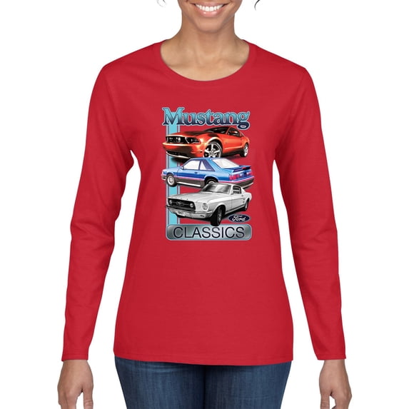Wild Bobby, Mustang Ford Classics Cars and Trucks Women Graphic Long Sleeve Tee, Red, Small