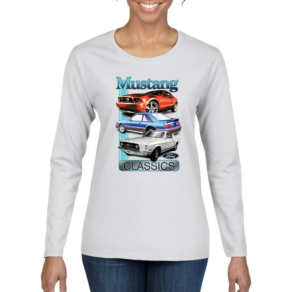 Wild Bobby Mustang Ford Classics Cars and Trucks Women Graphic Long Sleeve Tee, White, Medium
