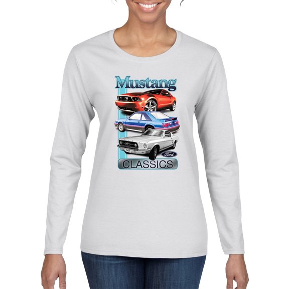 Wild Bobby Mustang Ford Classics Cars and Trucks Women Graphic Long Sleeve Tee, White, X-Large