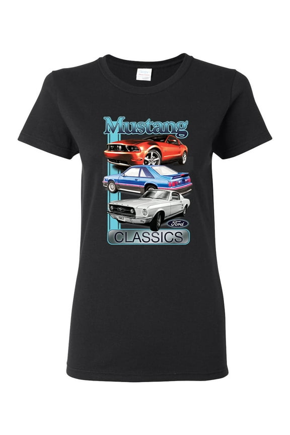 Mustang Ford Classics Cars and Trucks Women Graphic Tee, Black, Small