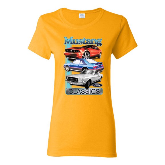 Wild Bobby Mustang Ford Classics Cars and Trucks Women Graphic Tee, Gold, X-Large