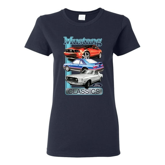 Wild Bobby Mustang Ford Classics Cars and Trucks Women Graphic Tee, Navy, Large