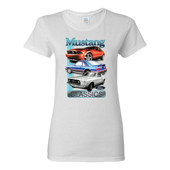 Wild Bobby Mustang Ford Classics Cars and Trucks Women Graphic Tee, White, Small