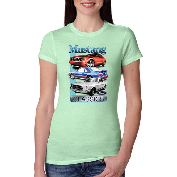 Wild Bobby Mustang Ford Classics Cars and Trucks Women Slim Fit Junior Tee, Mint, X-Large