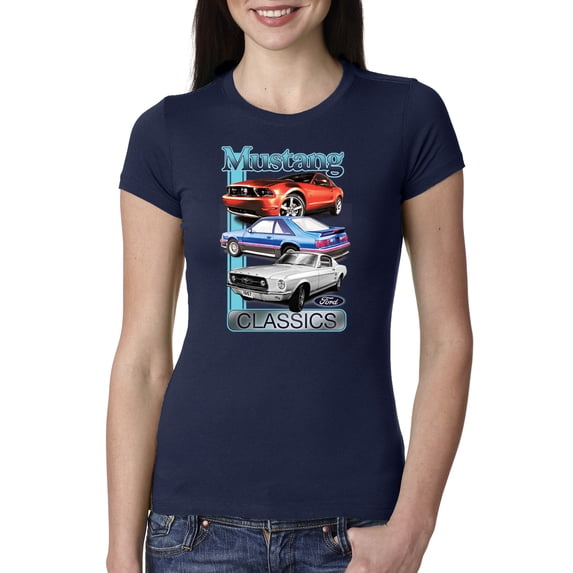 Wild Bobby Mustang Ford Classics Cars and Trucks Women Slim Fit Junior Tee, Navy, XX-Large