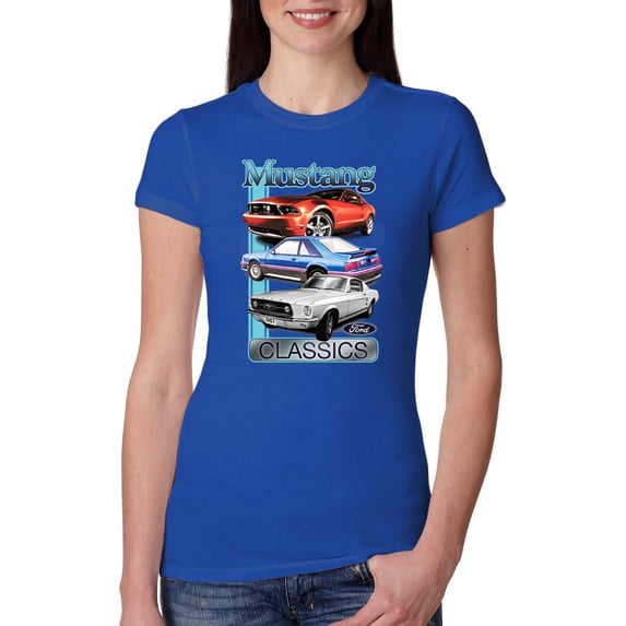 Wild Bobby Mustang Ford Classics Cars and Trucks Women Slim Fit Junior Tee, Royal, Large