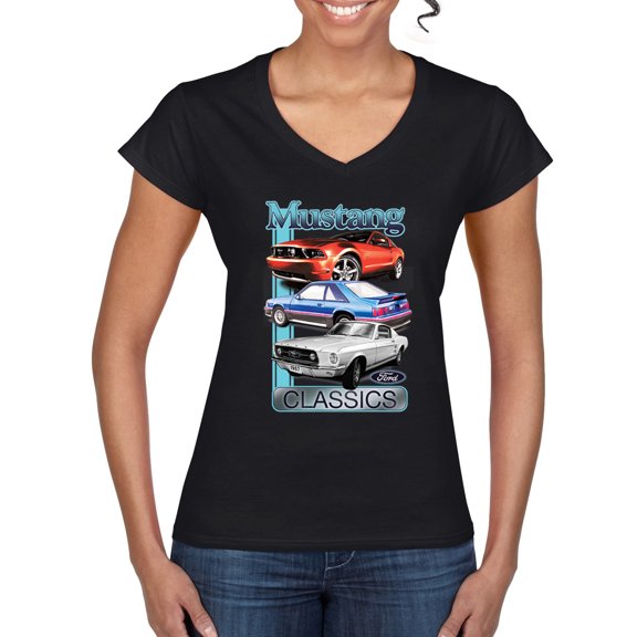 Wild Bobby Mustang Ford Classics Cars and Trucks Women Standard V-Neck Tee, Black, Small