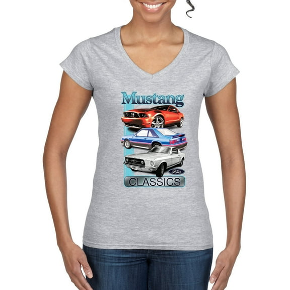 Wild Bobby Mustang Ford Classics Cars and Trucks Women Standard V-Neck Tee, Heather Grey, Small