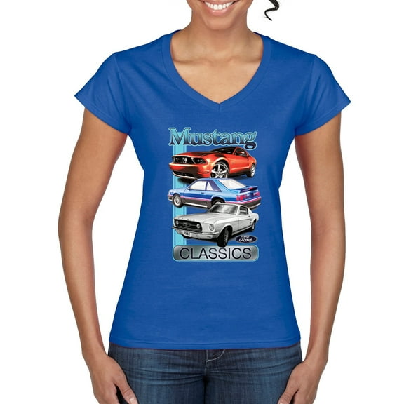 Wild Bobby Mustang Ford Classics Cars and Trucks Women Standard V-Neck Tee, Royal, Small