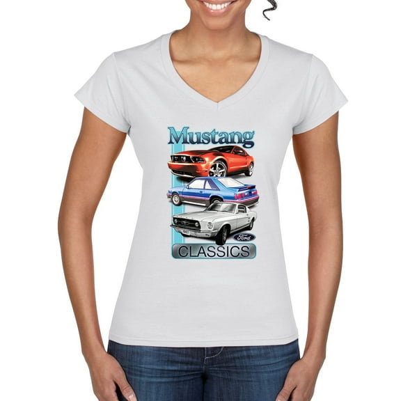 Wild Bobby Mustang Ford Classics Cars and Trucks Women Standard V-Neck Tee, White, Large