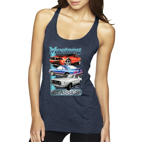 Wild Bobby Mustang Ford Classics Cars and Trucks Women Tri-Blend Racerback Tank Top, Vintage Navy, Small