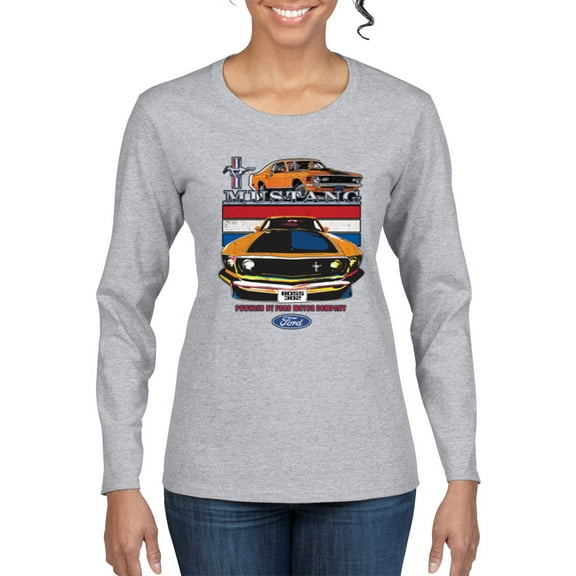 Wild Bobby Mustang Powered by Ford Performance Cars and Trucks Women Graphic Long Sleeve Tee, Heather Grey, Small