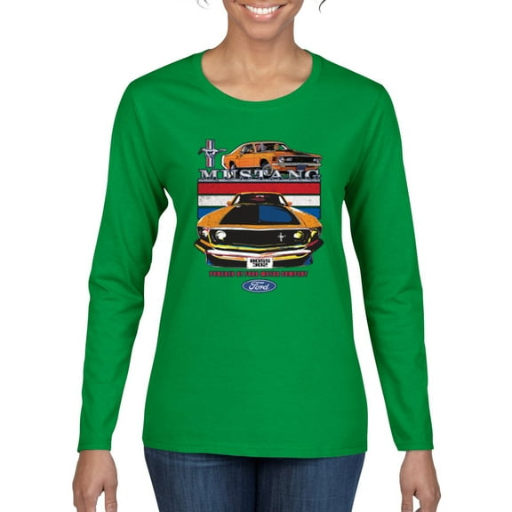 Wild Bobby Mustang Powered by Ford Performance Cars and Trucks Women Graphic Long Sleeve Tee, Kelly, Small