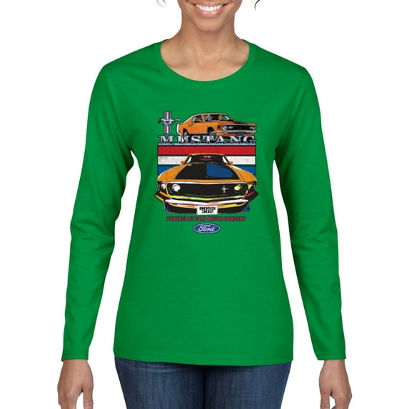 Wild Bobby Mustang Powered by Ford Performance Cars and Trucks Women Graphic Long Sleeve Tee, Kelly, X-Large