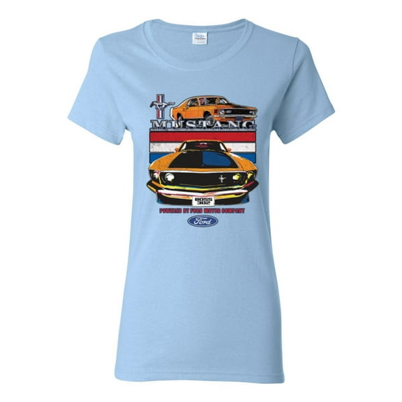 Wild Bobby Mustang Powered by Ford Performance Cars and Trucks Women Graphic Tee, Light Blue, Large