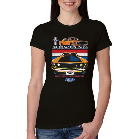 Wild Bobby Mustang Powered by Ford Performance Cars and Trucks Women Slim Fit Junior Tee, Black, Small