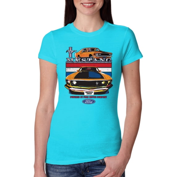 Wild Bobby, Mustang Powered by Ford Performance Cars and Trucks Women Slim Fit Junior Tee, Tahiti Blue, XX-Large