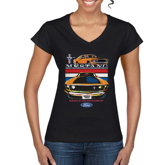 Wild Bobby Mustang Powered by Ford Performance Cars and Trucks Women Standard V-Neck Tee, Black, Small
