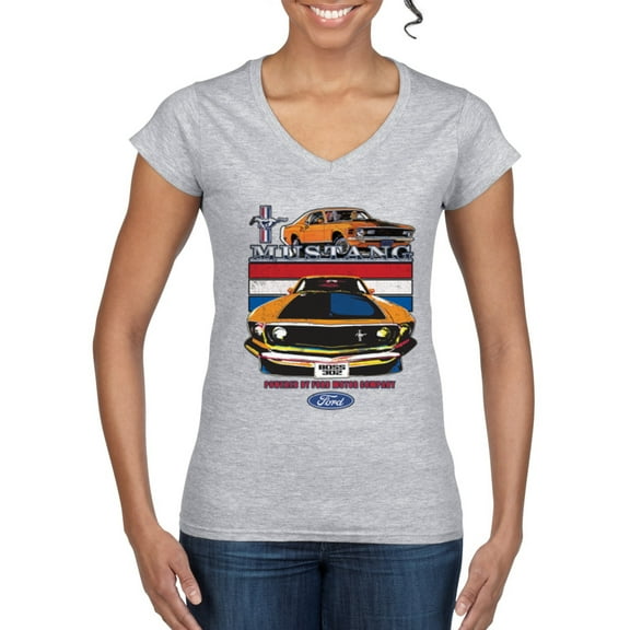 Wild Bobby Mustang Powered by Ford Performance Cars and Trucks Women Standard V-Neck Tee, Heather Grey, Medium