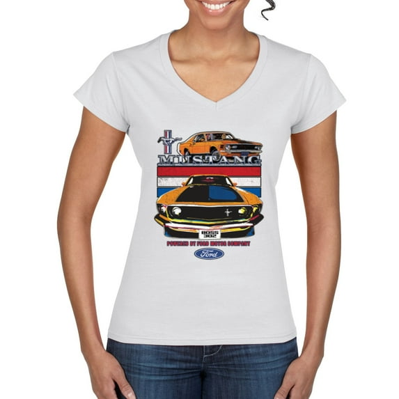 Wild Bobby Mustang Powered by Ford Performance Cars and Trucks Women Standard V-Neck Tee, White, Medium