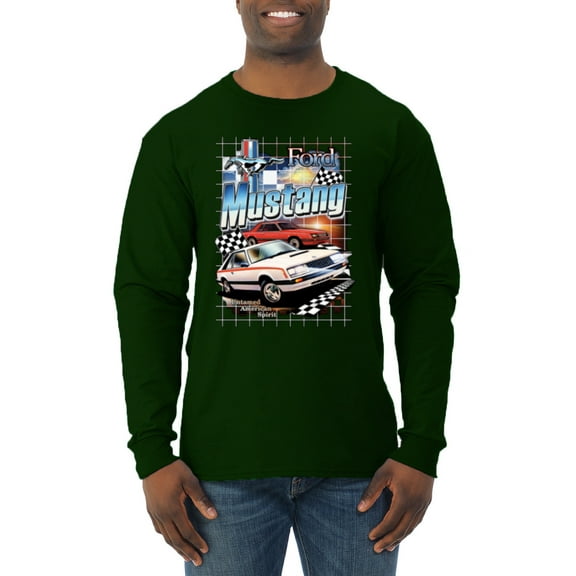 Wild Bobby, Mustang Untamed American Spirit Ford Cars and Trucks Men Long Sleeve Shirt, Forest Green, Small