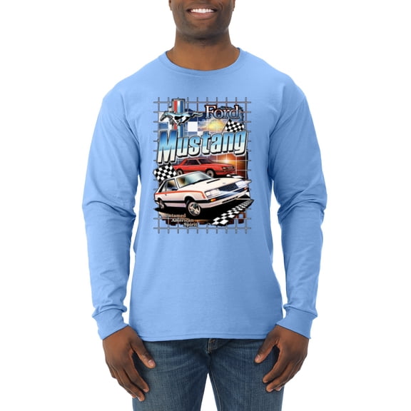 Wild Bobby, Mustang Untamed American Spirit Ford Cars and Trucks Men Long Sleeve Shirt, Light Blue, X-Large