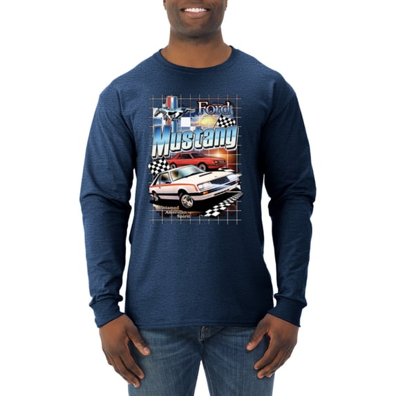 Wild Bobby, Mustang Untamed American Spirit Ford Cars and Trucks Men Long Sleeve Shirt, Vintage Heather Navy, Large