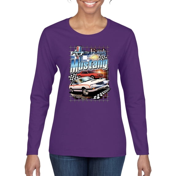 Wild Bobby Mustang Untamed American Spirit Ford Cars and Trucks Women Graphic Long Sleeve Tee, Purple, Small