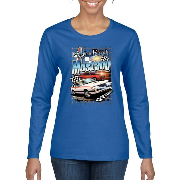 Wild Bobby, Mustang Untamed American Spirit Ford Cars and Trucks Women Graphic Long Sleeve Tee, Royal, Large