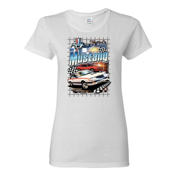 Wild Bobby Mustang Untamed American Spirit Ford Cars and Trucks Women Graphic Tee, White, Medium