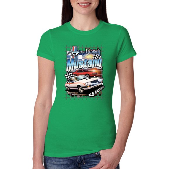Wild Bobby, Mustang Untamed American Spirit Ford Cars and Trucks Women Slim Fit Junior Tee, Kelly, Medium