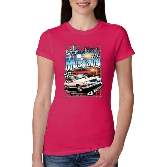Wild Bobby, Mustang Untamed American Spirit Ford Cars and Trucks Women Slim Fit Junior Tee, Raspberry, Medium