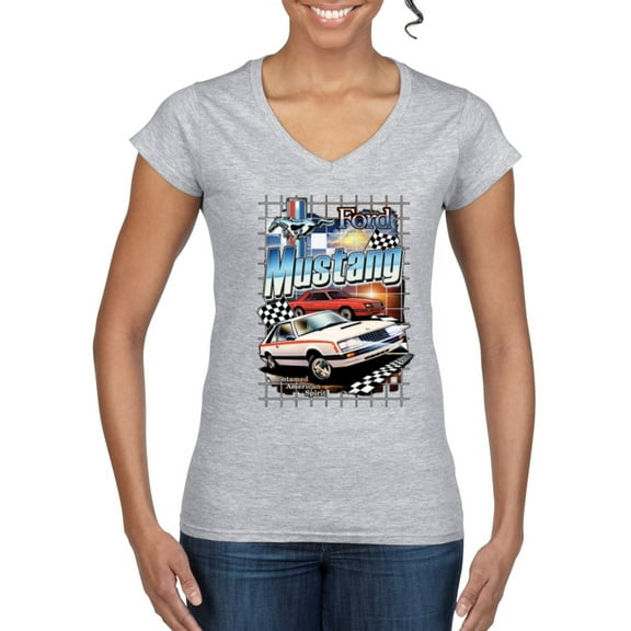 Wild Bobby Mustang Untamed American Spirit Ford Cars and Trucks Women Standard V-Neck Tee, Heather Grey, Medium