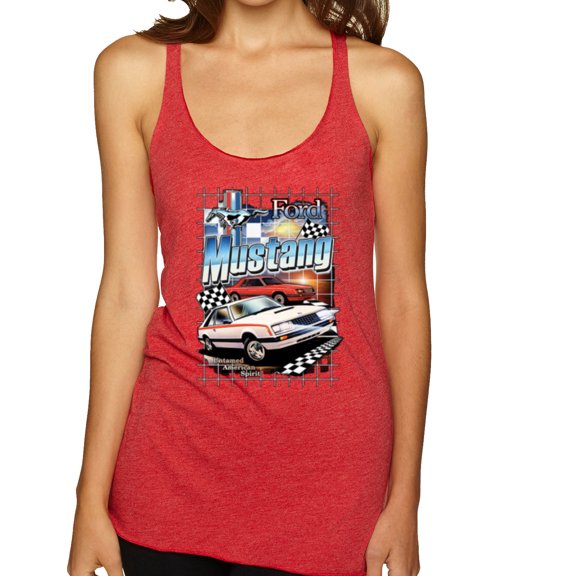 Wild Bobby Mustang Untamed American Spirit Ford Cars and Trucks Women Tri-Blend Racerback Tank Top, Vintage Red, Medium