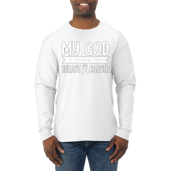 Wild Bobby My God Is Stronger Than Breast Cancer White Distressed Breast Cancer Awareness Men Long Sleeve Shirt, White, Large