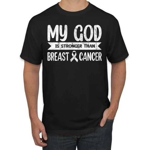 Wild Bobby My God Is Stronger Than Breast Cancer White Distressed Breast Cancer Awareness Men Tee, Black, XX-Large