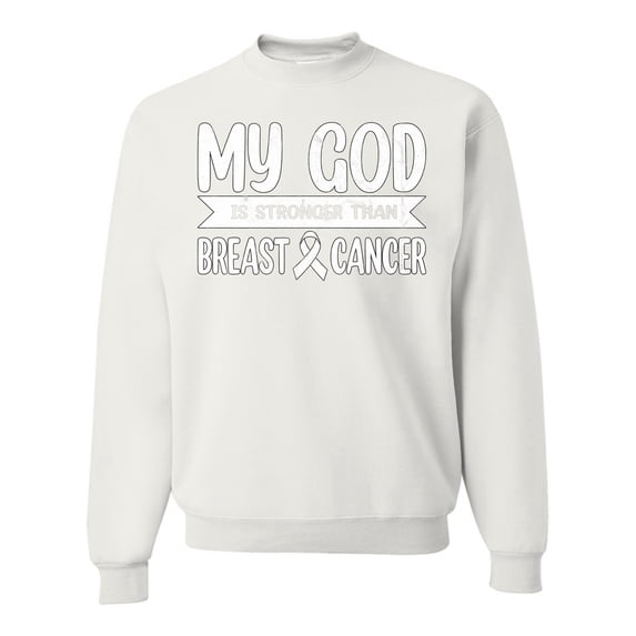 Wild Bobby My God Is Stronger Than Breast Cancer White Distressed Breast Cancer Awareness Unisex Crewneck Sweatshirt, White, Small