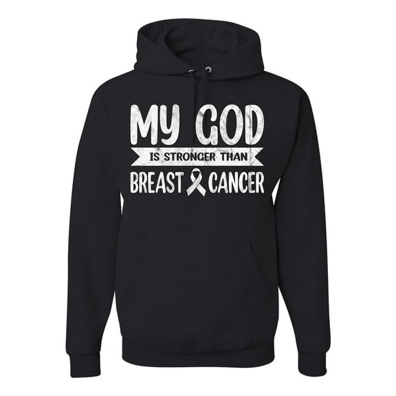 Wild Bobby My God Is Stronger Than Breast Cancer White Distressed Breast Cancer Awareness Unisex Hoodie Sweatshirt, Black, Small