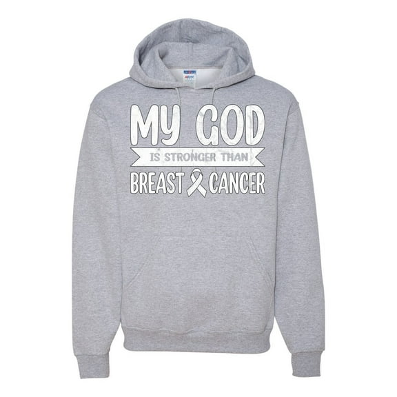Wild Bobby My God Is Stronger Than Breast Cancer White Distressed Breast Cancer Awareness Unisex Hoodie Sweatshirt, Heather Grey, X-Large