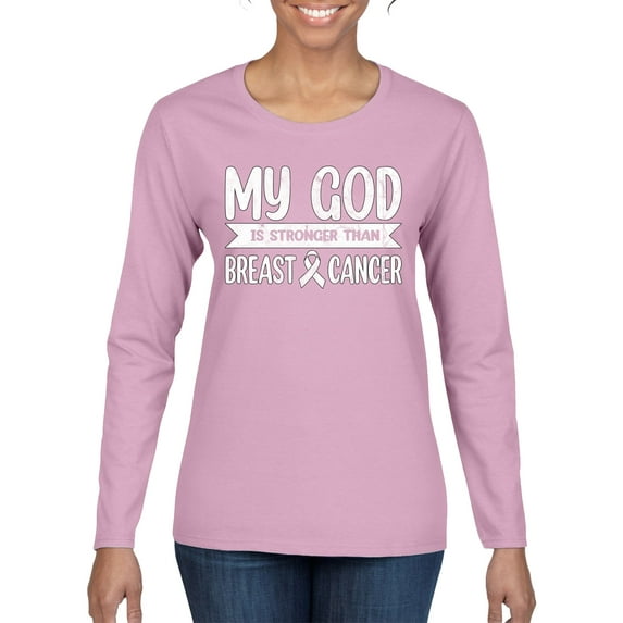 Wild Bobby My God Is Stronger Than Breast Cancer White Distressed Breast Cancer Awareness Women Graphic Long Sleeve Tee, Light Pink, Small