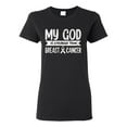 thumbnail image 1 of Wild Bobby My God Is Stronger Than Breast Cancer White Distressed Breast Cancer Awareness Women Graphic Tee, Black, Small, 1 of 6