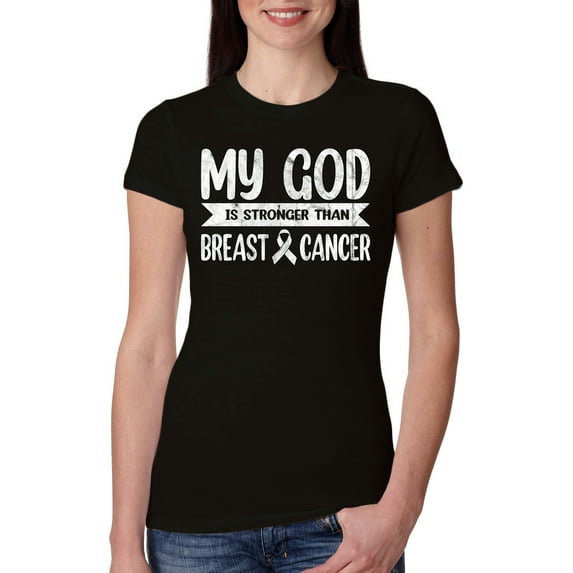 Wild Bobby My God Is Stronger Than Breast Cancer White Distressed Breast Cancer Awareness Women Slim Fit Junior Tee, Black, Small
