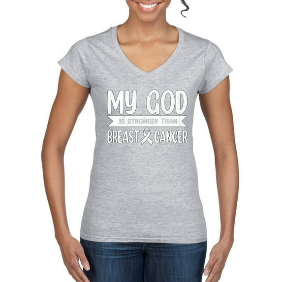Wild Bobby My God Is Stronger Than Breast Cancer White Distressed Breast Cancer Awareness Women Standard V-Neck Tee, Heather Grey, Small