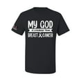 thumbnail image 1 of Wild Bobby My God Is Stronger Than Breast Cancer White Distressed US Flag Breast Cancer Awareness Men Tee, Black, Large, 1 of 5