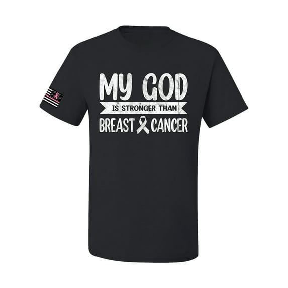 Wild Bobby My God Is Stronger Than Breast Cancer White Distressed US Flag Breast Cancer Awareness Men Tee, Black, Large