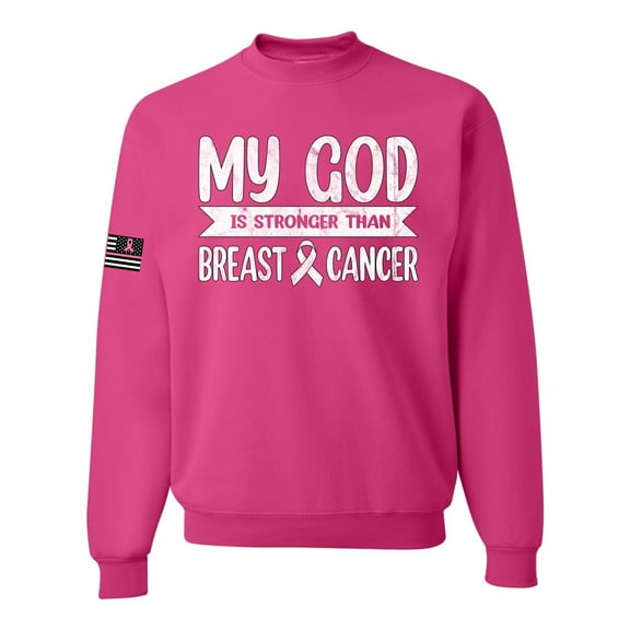 Wild Bobby My God Is Stronger Than Breast Cancer White Distressed US Flag Breast Cancer Awareness Unisex Crewneck Sweatshirt, Fuschia, Small